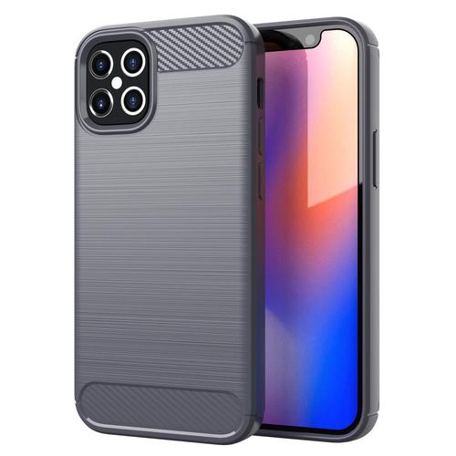 Coque Pour Apple Iphone 12 / 12 Pro En Brushed Gris Housse De Protection Étui En Silicone Tpu Flexible, Aspect Inox Et Fibre De Carbone