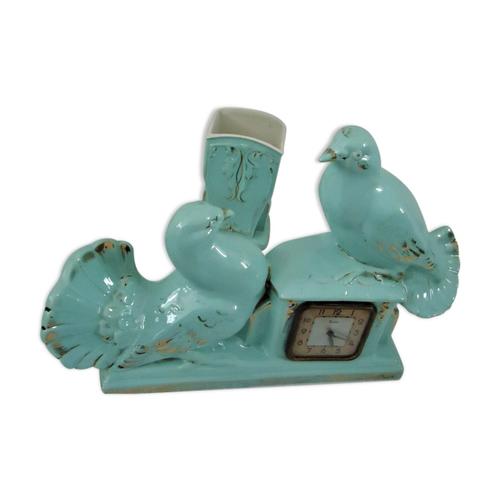 Horloge colombes coloris vert bleu et son vase annes 50 bleu