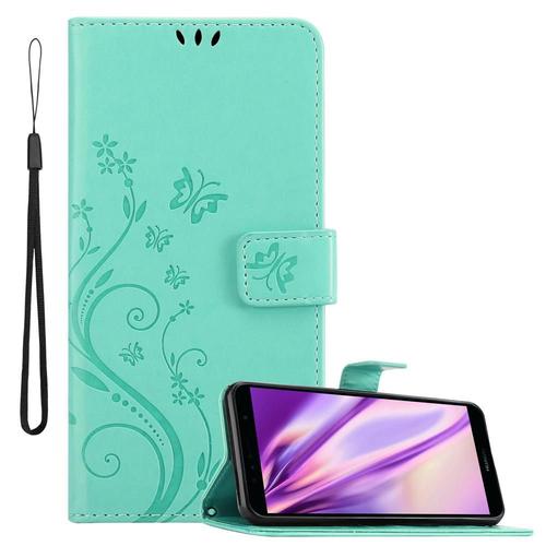 Cadorabo Housse Compatible Avec Honor 7a / Huawei Y6 Prime 2018 En Turquoise Floral - Étui De Protection Au Design Floral Avec Fermeture Magnétique, Fonction De Support Et Emplacements Pour Cartes