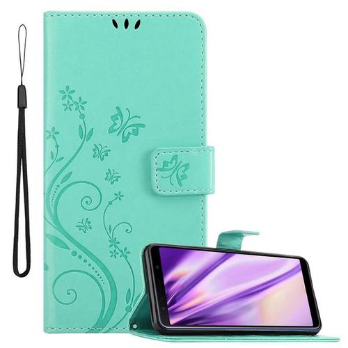 Cadorabo Housse Compatible Avec Samsung Galaxy A7 2018 En Turquoise Floral - Étui De Protection Au Design Floral Avec Fermeture Magnétique, Fonction De Support Et Emplacements Pour Cartes