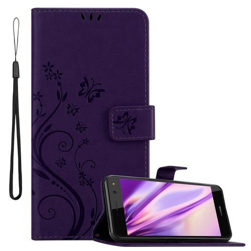 Coque Pour Huawei Y5 2017 / Y6 2017 En Lilas Foncé Floral Housse De Protection Étui Au Design Floral Avec Fermeture Magnétique, Fonction De Support Et Emplacements Pour Cartes