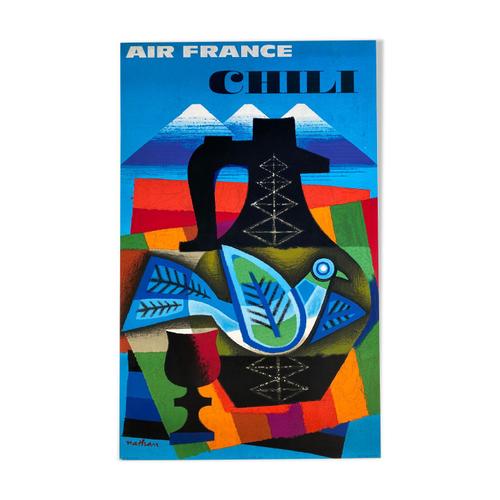 Affiche ancienne original Air France Chili Par Nathan bleu