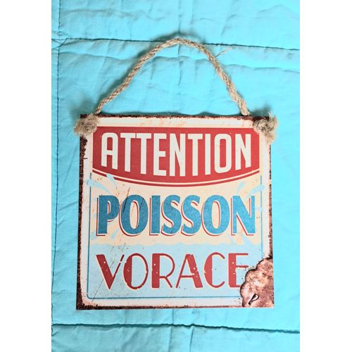 Plaque Émaillée Ancienne En Tôle Vintage Pecheur Décoration Attention Poison Vorace Pêche Réplique Carré 20 Cm Collection