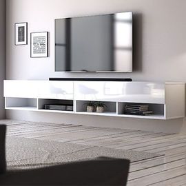 Meuble Tv Suspendu 2 Portes Abattantes 200x33x31 Cm Blanc - Lesli