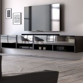 Meuble Tv Suspendu 2 Portes Abattantes 200x33x31 Cm Noir - Lesli