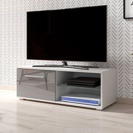 Meuble Tv 1 Porte Abattante 100x40x36 Cm Blanc Et Gris - Rilma