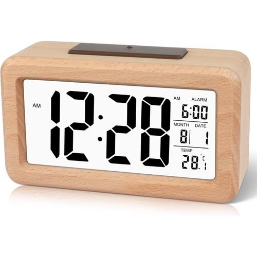 Réveil Numérique en Bois,Réveil LED Horloge Digitale sans Tic-tac avec Affichage Date,Température,Fonction Snooze,Horloge Numérique