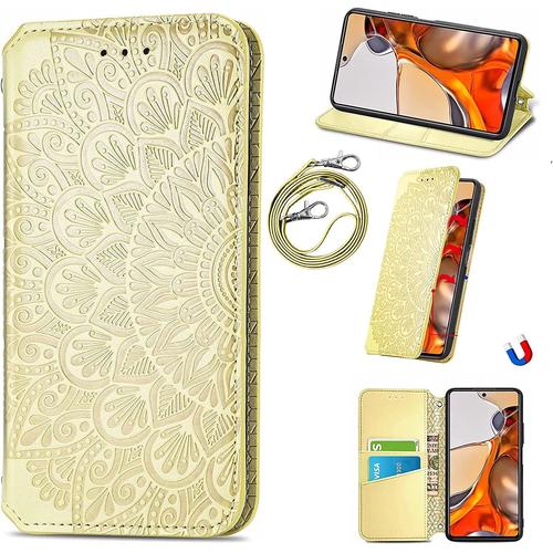 Coque Oppo A17,Housse Pu Flip Cuir Portefeuille Etui Avec Stand Support Et Carte Slot,Motif De Fleurs Vintage Antichoc Lanyard Téléphone Case Protection Cover.-Jaune