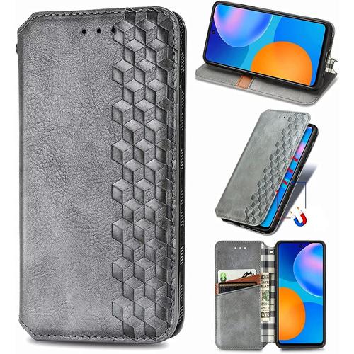 Coque Pour Oppo A17 Etui,Cuir Pu Premium Rétro Flip Case,Id Carte De Crédit Slot Holder Flip Cover Stand Housse De Fermeture Magnétique-Grise