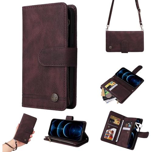 Coque Pour Iphone 14 Plus,Etui En Cuir Pu Portefeuille Housse Avec Fente Carte/Fermeture Magnétique/Flip Béquille/Étui À Bandoulière,Anti-Choc Case Cover-Brun