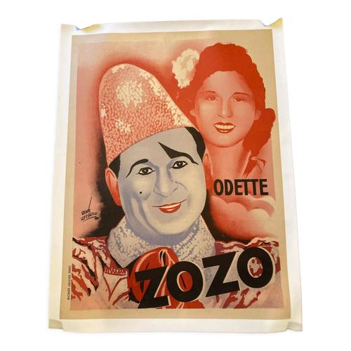 Affiche cirque art deco lithographique Odette et zozo entoille 60 x 80 cm Rene Lefebvre multicolore