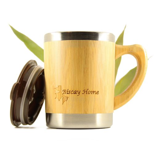 Tasse, Chope 350 Ml | Bambou Et Inox | Anse En Bois | Camping, Voyage, Travail | Couvercle Pour Boire