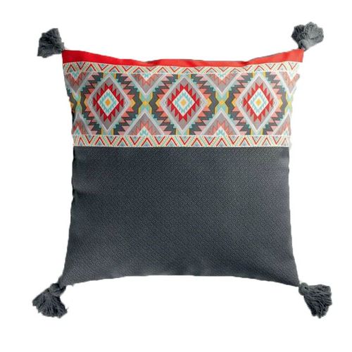 Coussin À Pompons "Aztec" 40x40cm Gris