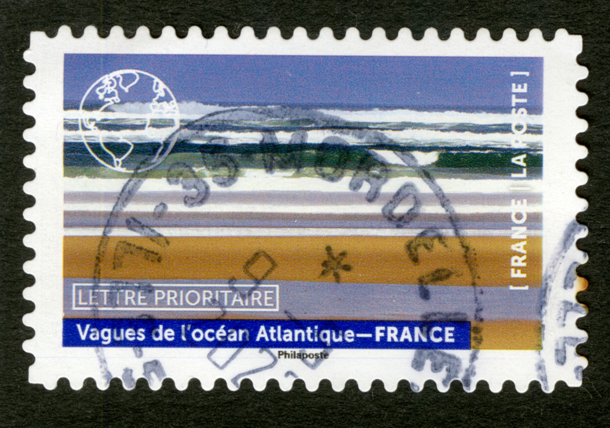 Timbre Oblitéré Vagues De L'océan Atlantique - France,Lettre Prioritaire,France,La Poste,