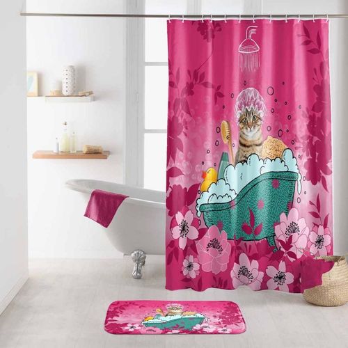 Rideau de Douche Imprimé "Chatibulle" 180x200cm Rose