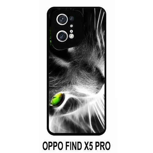 Coque Oppo Find X5 Pro - Chat Noir Et Blanc Yeux Vert - Silicone - Noir