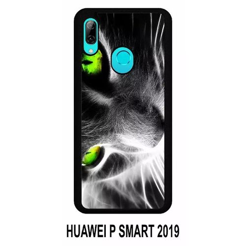 Coque Huawei P Smart 2019 - Chat Noir Et Blanc Yeux Vert - Silicone - Noir