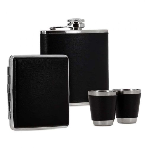 Flasque À Alcool Et Etui Cigarettes Simili Cuir Noir En Coffret