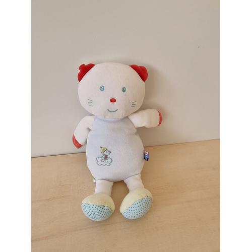 Doudou Chat Blanc Bleu Oiseau Sucre D'orge