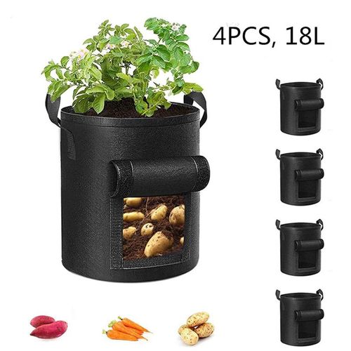 Lot de 4 sacs de plantation de pommes de terre en tissu non tissé, sacs de plantation avec poignées stables et rabat visualisé, pots épais et respirants pour tomates (noir) 5 Gallons