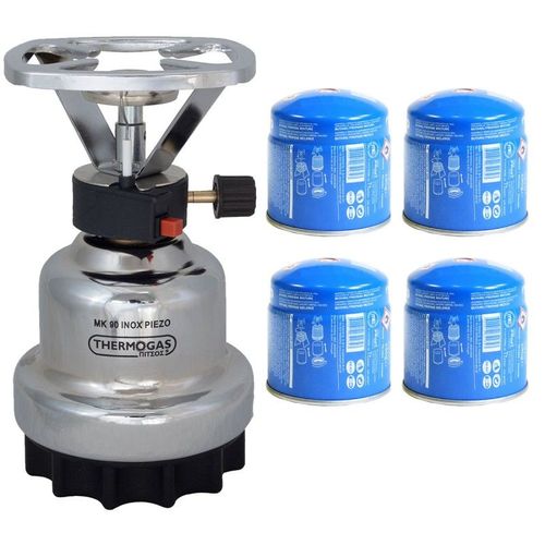 Rechaud gaz piezo Coque inox + 4 cartouches de gaz 190gr CAMPER GAZ