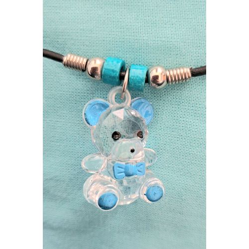 Collier Ours Cristal De Swarovski Bijoux Pendentif Ourson Transparent Et Bleu Turquoise + Chaine Lacet Finition C?ur Femme- Ours 2,7 Cm