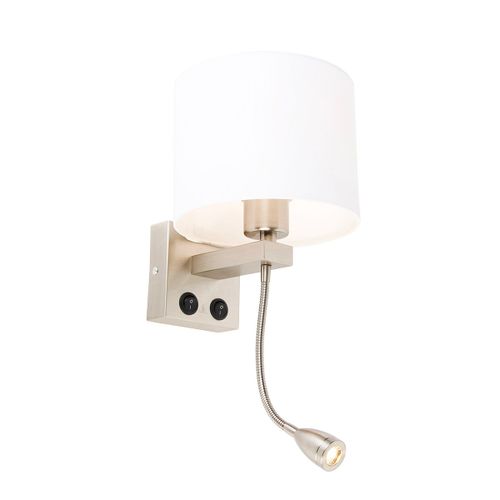 Qazqa Moderne Wandlamp Staal Met Flexarm En Kap Wit 18 Cm - Brescia Combi Acier /Tissu Acier,Blanc Rond / Lampe De Chevet / Lampe De Lecture / Luminaire / Lumiere / ÃClairage / Intã©Rieur /...
