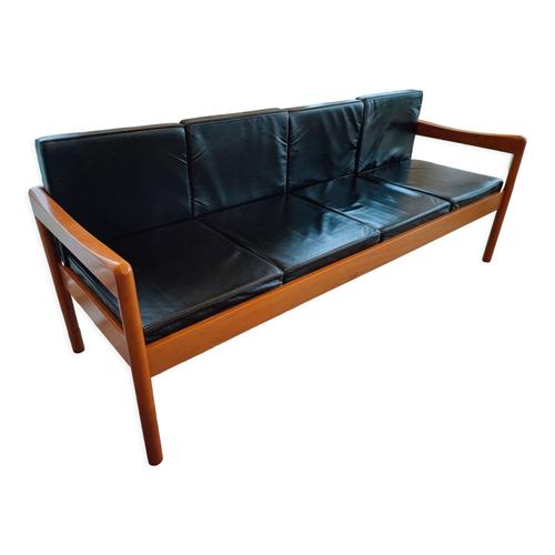 Sofa Scandinave 4 Places En Cuir Et Merisier Noir