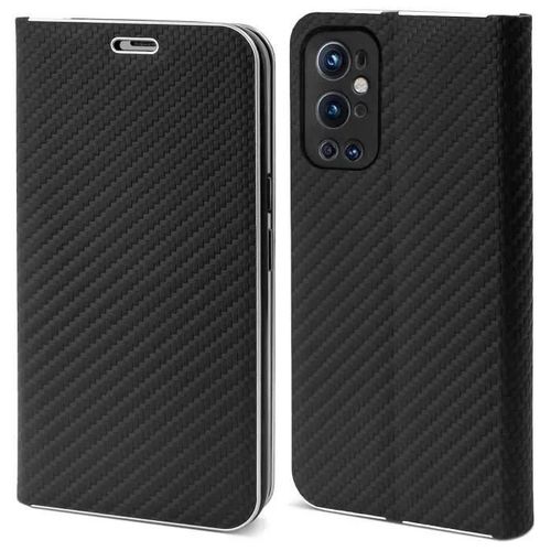 Moozy Étui Portefeuille Pour Oneplus 9 Pro, Noir Carbone - Étui À Rabat Avec Bordure Métallique, Fermeture Magnétique,