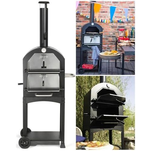 Four à Pizza double grille métal peint thermomètre intégré pierre à pizza réfractaire pour bois ou charbon