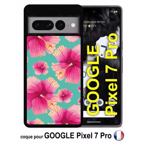 Coque Pour Google Pixel 7 Pro - Hibiscus Fond Turquoise - Silicone - Noir