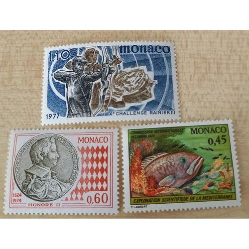 3 Timbres Neufs Monaco, Honoré Ii, Florin De 1640, De 1975 De 0,80 F, Challenge Rainier Iii De 1977 De 1,10 Franc Et Exploration Scientifique De La Méditerranée De 1974 À 0,45 Franc