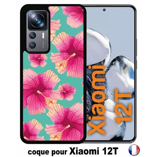 Coque Pour Xiaomi 12t - Hibiscus Fond Turquoise - Silicone - Noir