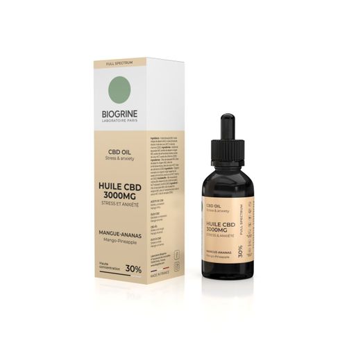 Biogrine | Huile Cbd 3000mg Full Spectrum 30% | Stress & Anxiété | Goût Mangue Ananas 10ml Vegan 