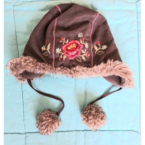 Bonnet Russe Marron Avec Pompons Broderie Fleur Bébé Enfant Fille