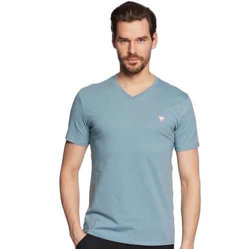 T Shirt Guess Col V Classic Logo Triangle Homme Bleu