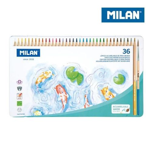Boite Metallique 36 Crayons Aquarelle De Couleur Mine Epaisseur Ø 3,5 Mm Hexagonal + Brosse Milan