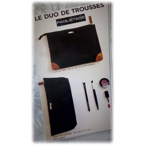 Lot de 2 trousses de toilette ou maquillage - 100% neuves - pochette vanity trousse de beauté  pour produits hygiène soin ou transport divers en sac à  main - entretien facile - noir et marron 