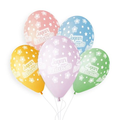 5 BALLONS BIO ANNIVERSAIRE 33CM PASTEL MULTICOLORE