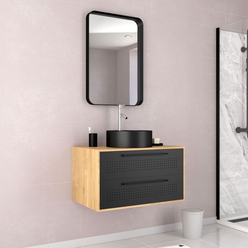 Meuble De Salle De Bains 80 Cm, Vasque Ronde Et Miroir - Chêne Naturel Et Noir Mat - Uby