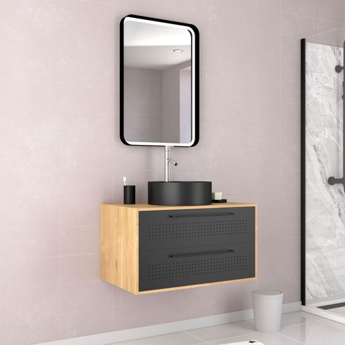 Meuble De Salle De Bains 80 Cm, Vasque Ronde Et Miroir Led - Chêne Naturel Et Noir Mat - Uby