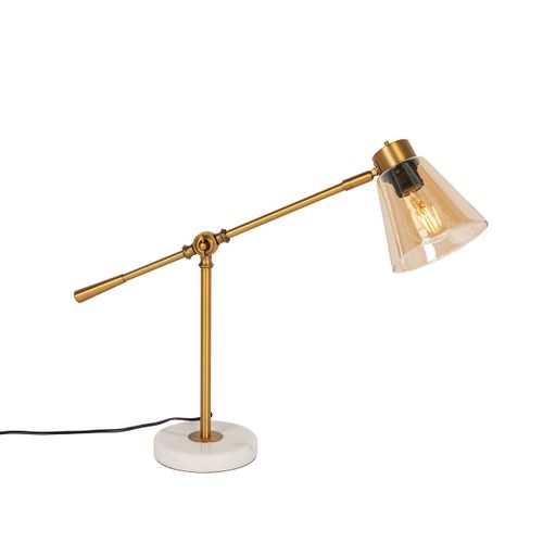 Qazqa Art Deco Art Deco Tafellamp Brons Met Marmer En Amber Glas - Amber Verre /Acier /Pierre/Béton Bronze,Blanc,Orange Rond / Luminaire / Lumiere / Éclairage / Intérieur / Salon E27 Max. 1...