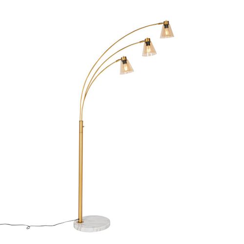 Qazqa Art Deco Booglamp Brons Met Marmer En Amber Glas 3-Lichts - Amber Verre /Pierre/Béton /Acier Bronze,Blanc,Orange / Luminaire / Lumiere / Éclairage / Intérieur / Salon E27 Max. 3 X 40...