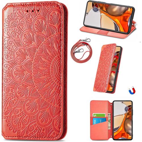 Coque Xiaomi Redmi A1,Housse Pu Flip Cuir Portefeuille Etui Avec Stand Support Et Carte Slot,Motif De Fleurs Vintage Antichoc Lanyard Téléphone Case Protection Cover.-Orange