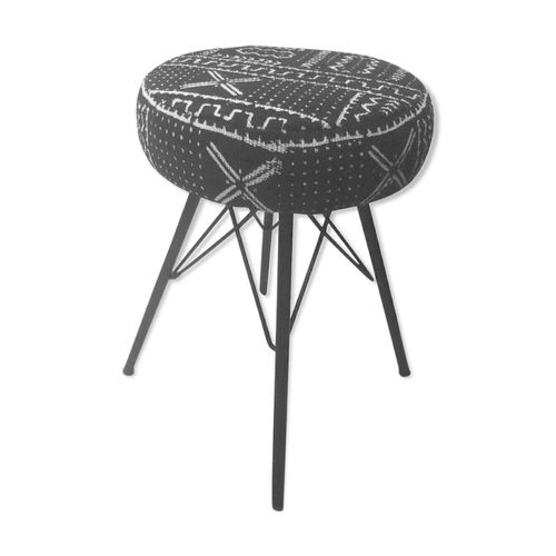 Tabouret Noir En Bogolan  Pieds En Fer Noir