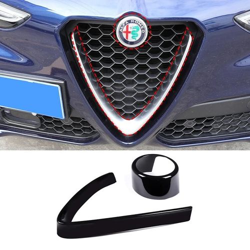 Noir Brillant-2pcs - Logo Autocollant En Fiber De Carbone, Pour Alfa Romeo Stelvio 2017 ¿ 2020, Accessoires De Voiture, Calandre Avant, Cadre En V, Garniture De Décoration
