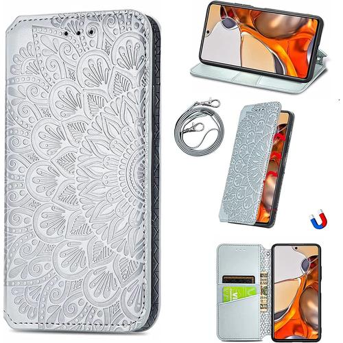 Coque Samsung Galaxy A42 5g,Housse Pu Flip Cuir Portefeuille Etui Avec Stand Support Et Carte Slot,Motif De Fleurs Vintage Antichoc Lanyard Téléphone Case Protection Cover.-Gris