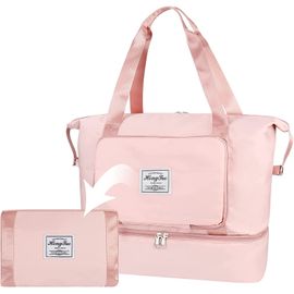 Sac De Voyage Pliable,Avec Compartiment À Chaussures, Sac De Transport Pour Voyage Léger Imperméable Sac De Séparation Sec Et Humide(Rose)
