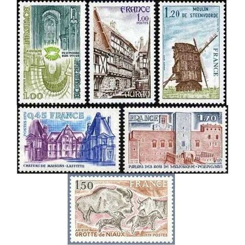 France 1979, Très Beaux Timbres Neufs** Luxe Yvert 2040, Abbayes, Bernay Et Saint Pierre Sur Dives, 2041 Auray, 2042 Moulin De Steenvoorde, 2043 Grotte De Niaux, 2044 Perpignan 2064 Maison Laffitte.