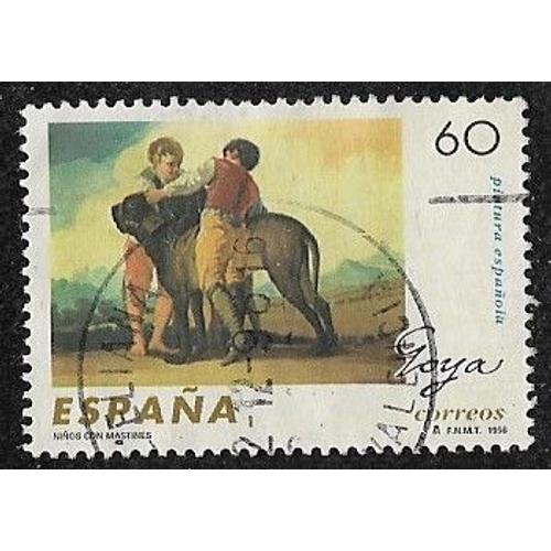 Timbre Espagne N°3021 Y & T 60 P. Multicolore Et Or Peinture Espagnole Oeuvres De Goya "Enfants Avec Un Mâtin"